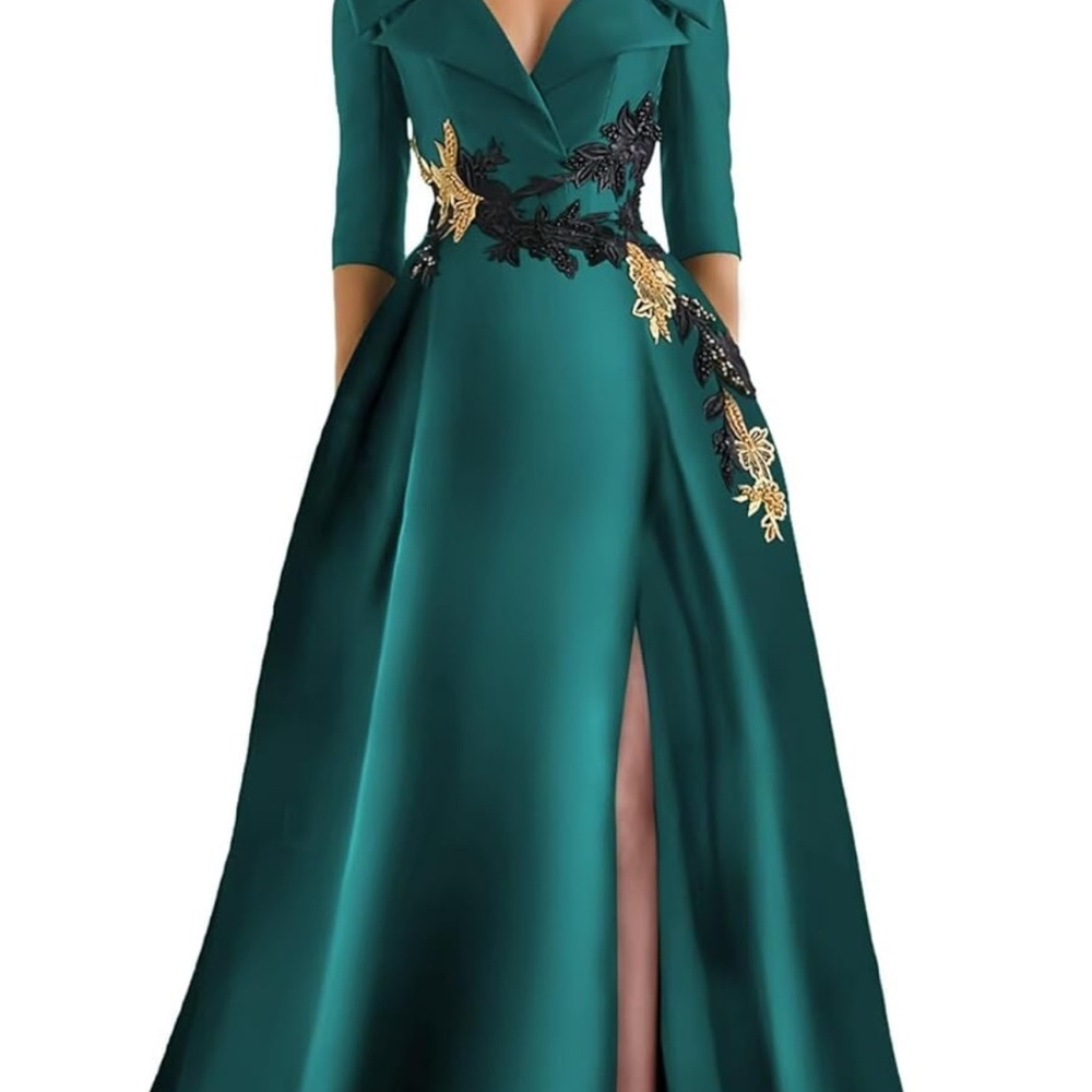 Elegant Teal Evening Gown with Gold & Black Accents